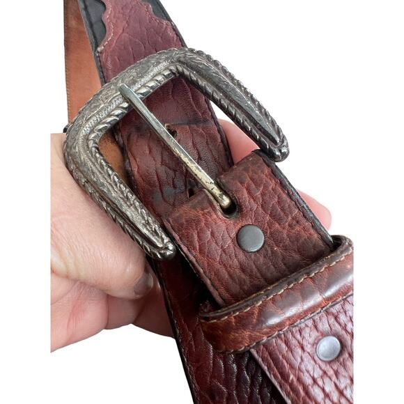 Vintage 1995 JUSTIN Western Black Brown Leather Belt Cowboy Silver Tone Buckle - Picture 15 of 16